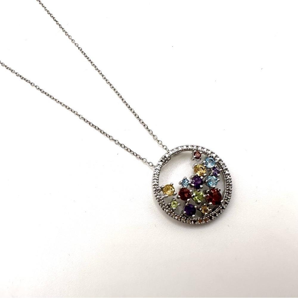 Mixed Gemstone Garnet Citrine Circle Sterling Silver Pendant Necklace | N086